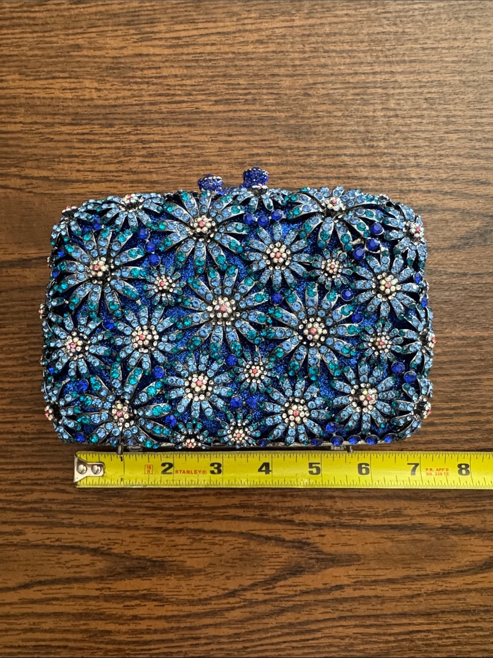 Embellished Natasha Blue Floral Crystal Minaudière Clutch - Women's Evening Bag